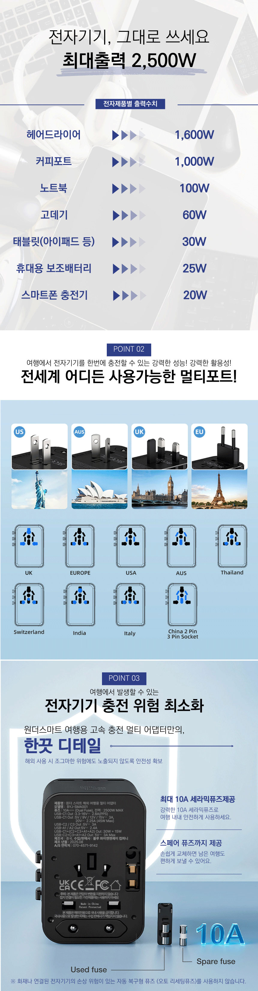 원더 스마트 해외 여행용 멀티 어댑터 BYJ-SMA001, 화이트, 1개 상세 이미지 6