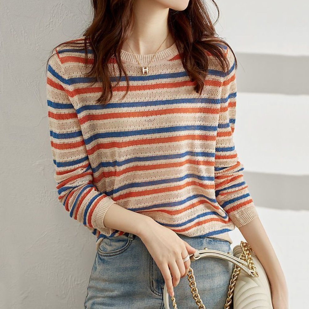 에이시크 데일리 스트라이프 니트 티셔츠 C24CTS663, 오렌지, FREE, 1개