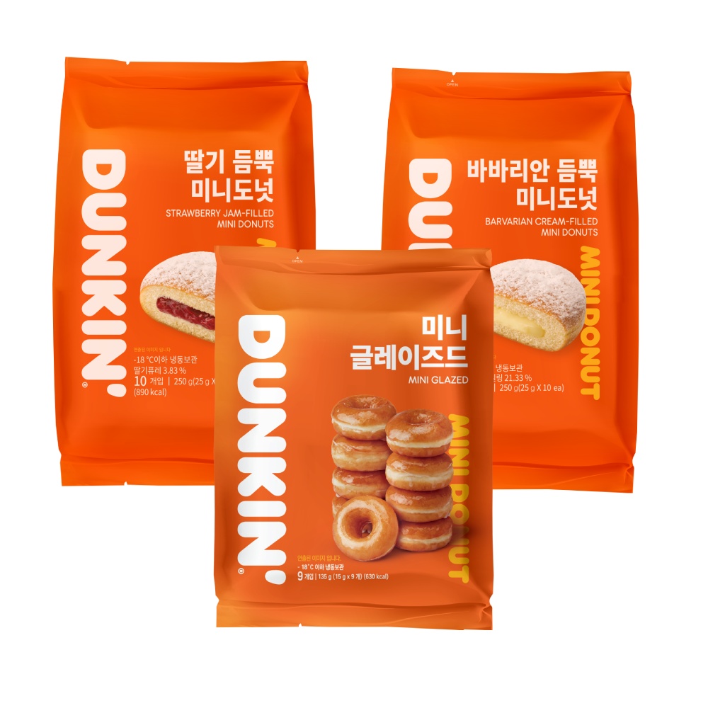 던킨 미니도넛, 딸기 듬뿍 250g 1팩 + 바바리안 250g 1팩 + 글레이즈드 135g 1팩, 3팩