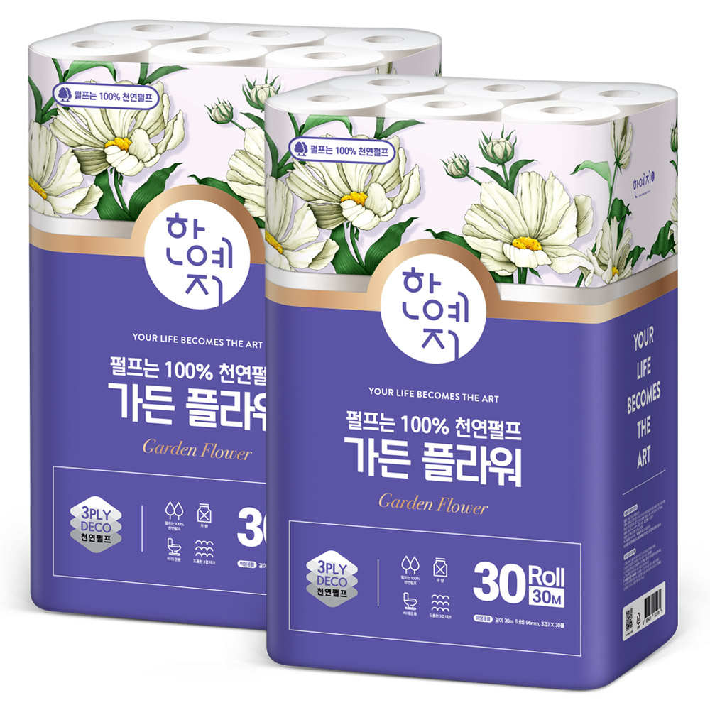 한예지 가든 플라워 롤 화장지, 3겹, 30m, 30롤, 2팩