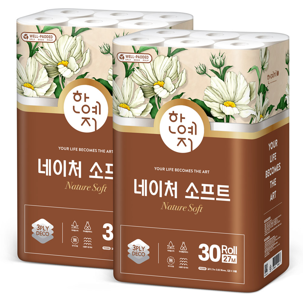 한예지 네이처 소프트 롤 화장지, 3겹, 27m, 30롤, 2팩