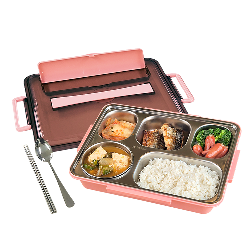 DAMDA 304 스텐 도시락통 5구 런치박스 국그릇 수저세트 보온가방 세트, 핑크, 1개