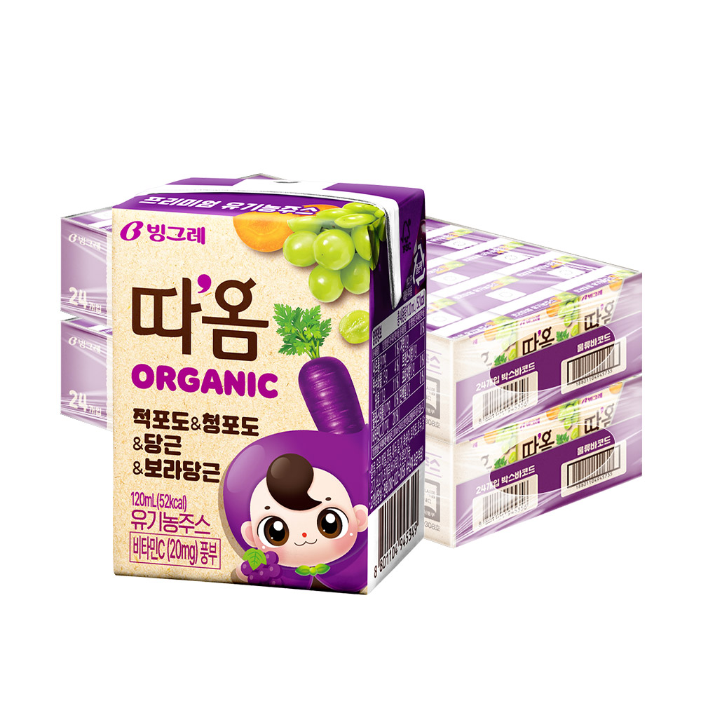 빙그레 따옴 유기농주스 적포도&청포도&당근&보라당근, 120ml, 48개