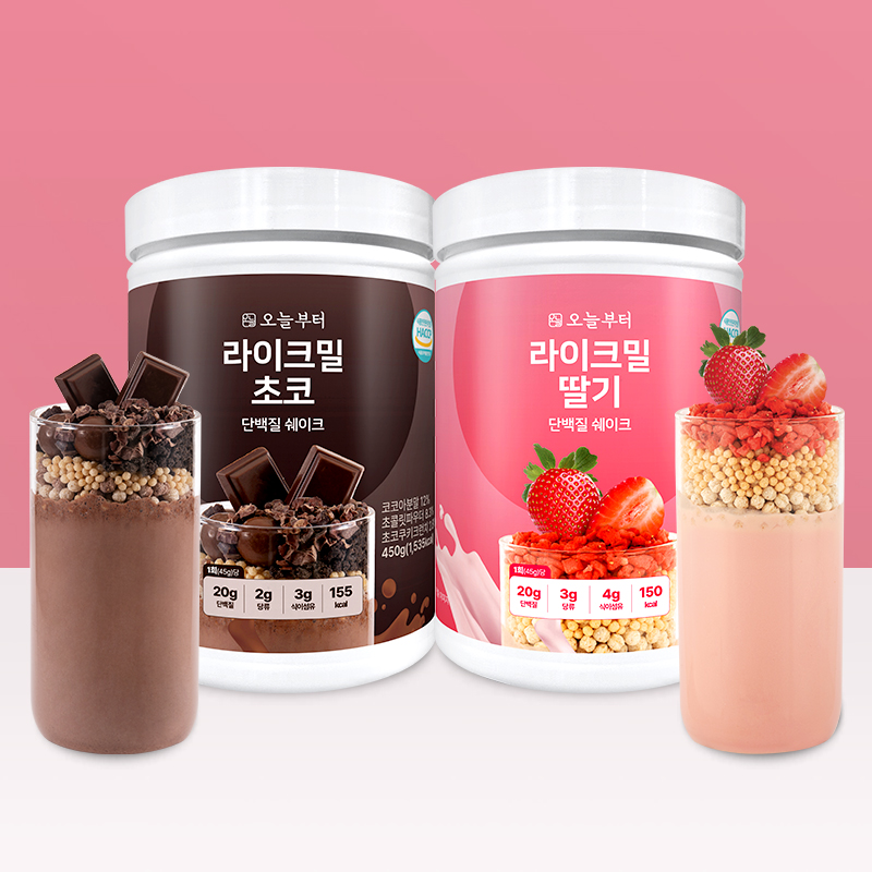오늘부터 라이크밀 단백질 쉐이크, 초코, 450g, 1개 + 딸기, 450g, 1개, 2개