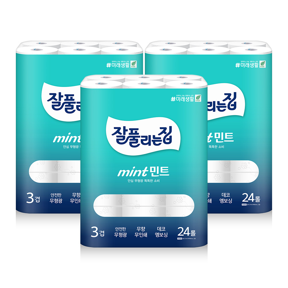 [토스쇼핑] 미래생활 잘풀리는집 민트, 3겹, 27m, 24롤, 3팩