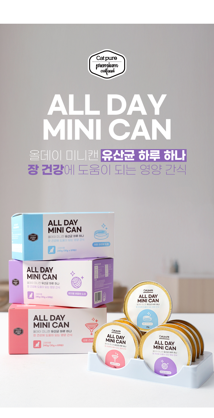 캣퓨어 고양이 올데이 미니캔 유산균 습식캔, 신장 건강에 도움, 240g, 8개, 1개 상세 이미지 4
