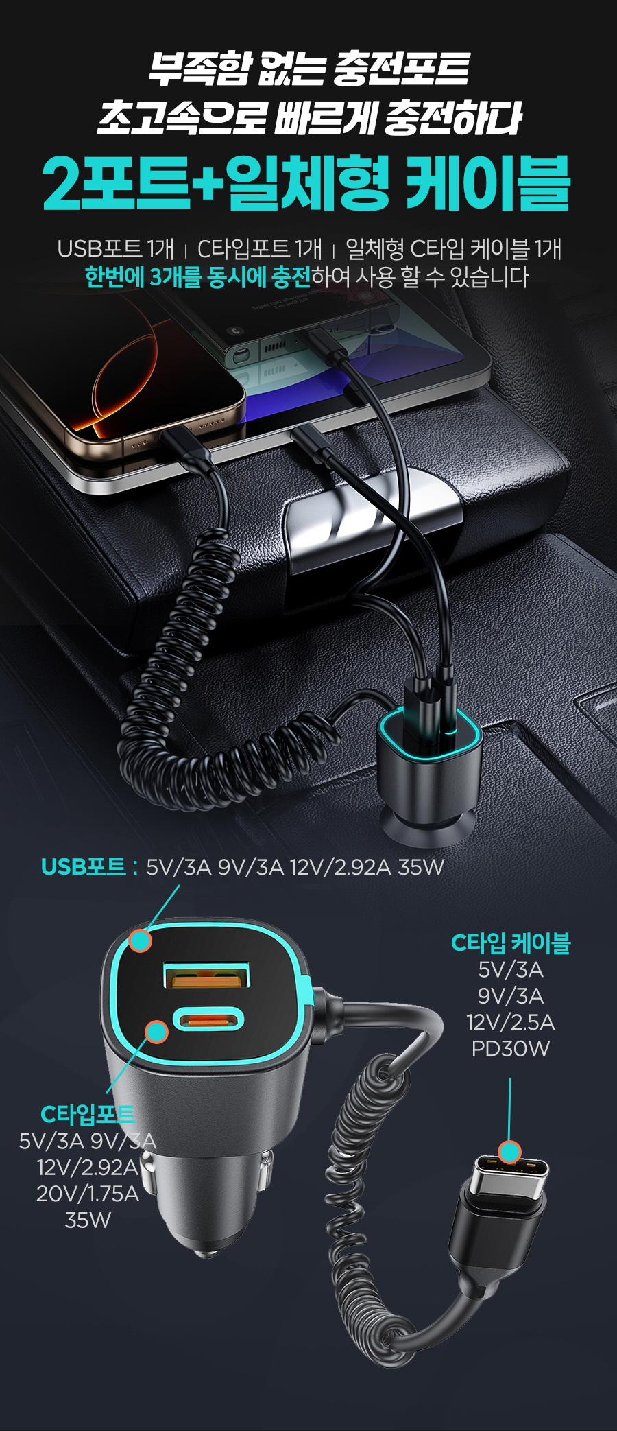 더존 MAX 65W 3in1 초고속 차량용 충전기, PD39S, 시거잭, 블랙, 1개 상세 이미지 4