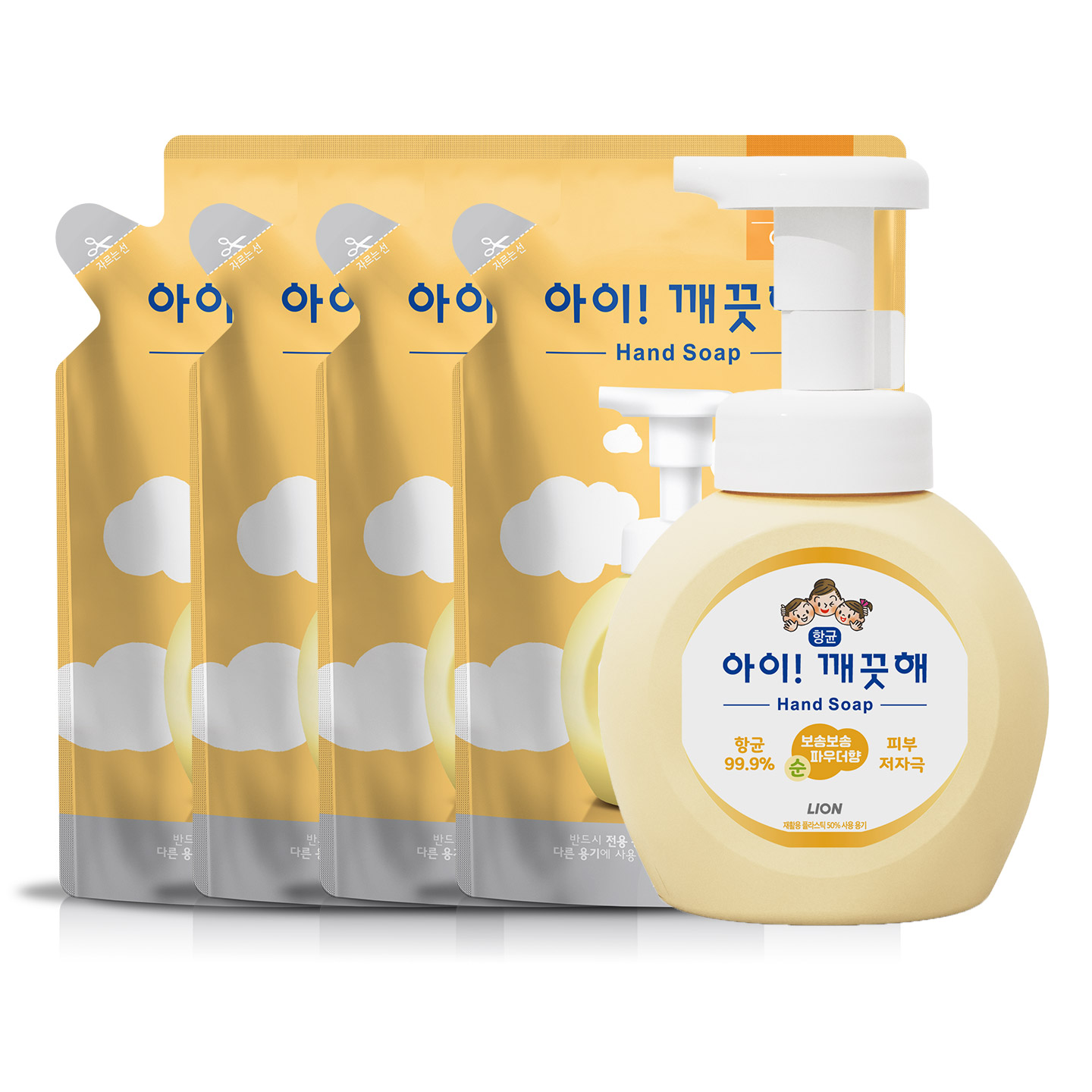 [토스쇼핑] 아이깨끗해 항균 폼 핸드솝, 순, 250ml, 1개 + 리필, 200ml, 4개 |