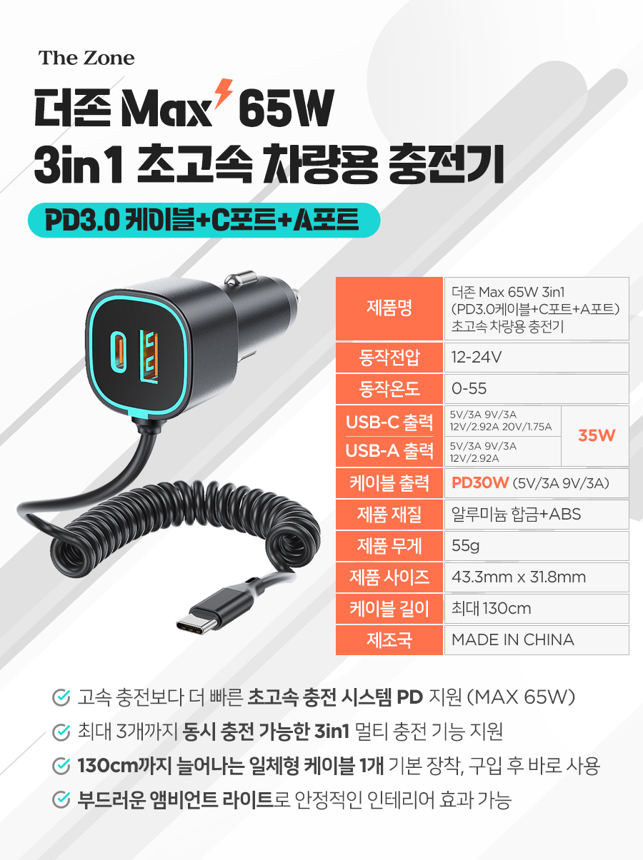 더존 MAX 65W 3in1 초고속 차량용 충전기, PD39S, 시거잭, 블랙, 1개 상세 이미지 3
