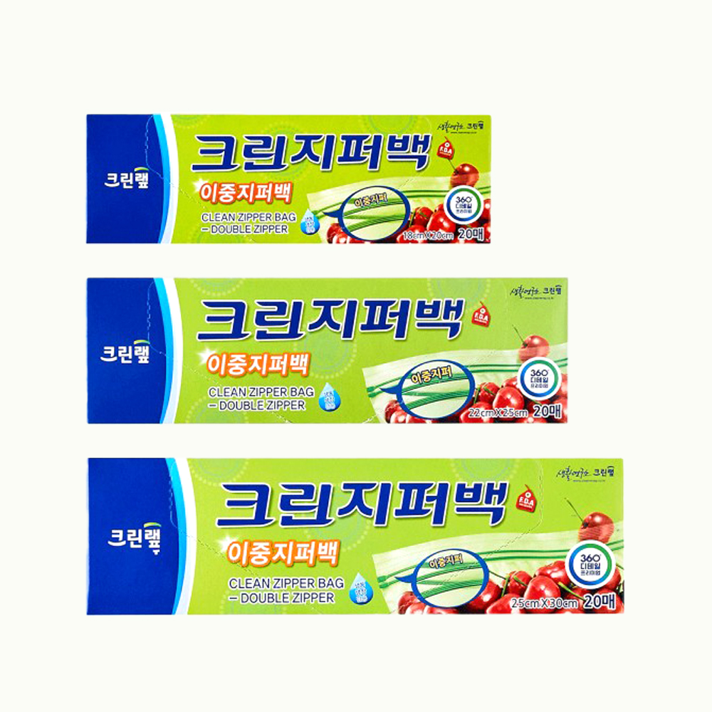 크린랩 이중지퍼백 3종 세트, 혼합, 60매입, 3팩, 1개