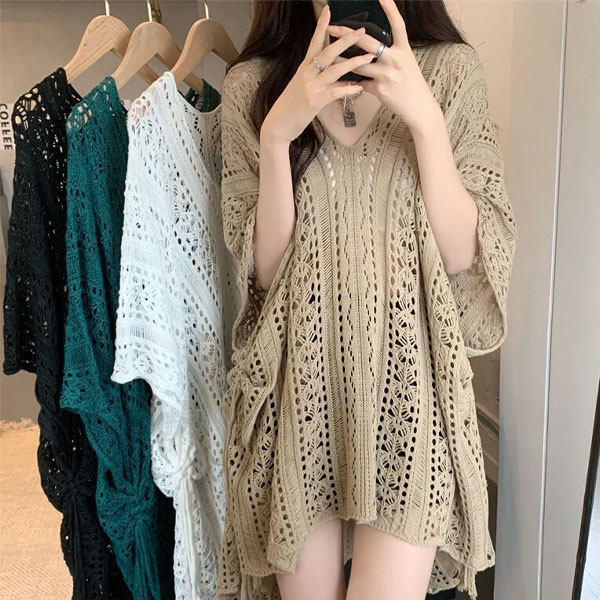 브이넥 니트 언발 비치커버업 ELC9027, 화이트, FREE