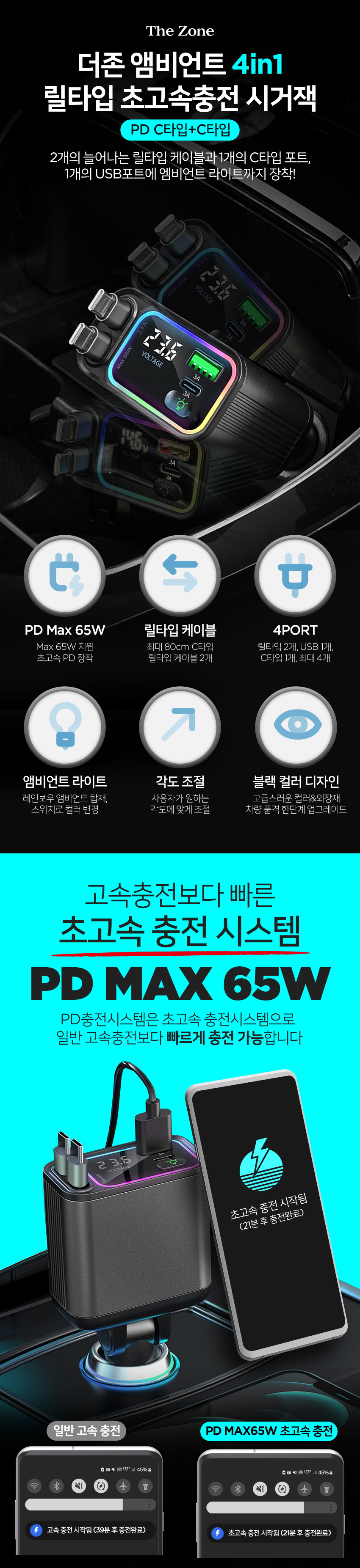 더존 앰비언트 4in1 릴타입 초고속충전 시거잭, GC-08, PD+C타입케이블, 1개 상세 이미지 1