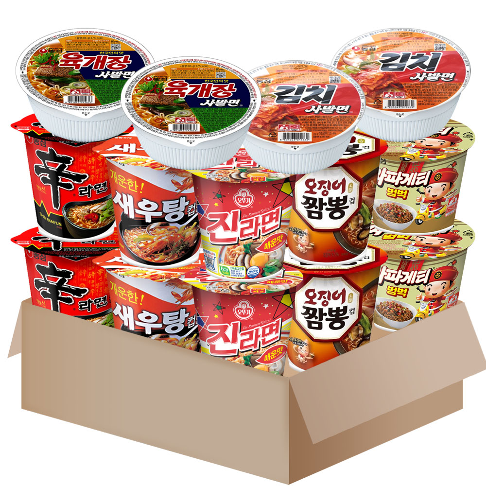 농심 컵라면 세트, 신라면 2개 + 새우탕 2개 + 오징어짬뽕 2개 + 짜파게티 2개 + 진라면 2개 + 육개장사발면 2개 + 김치사발면 2개, 1세트