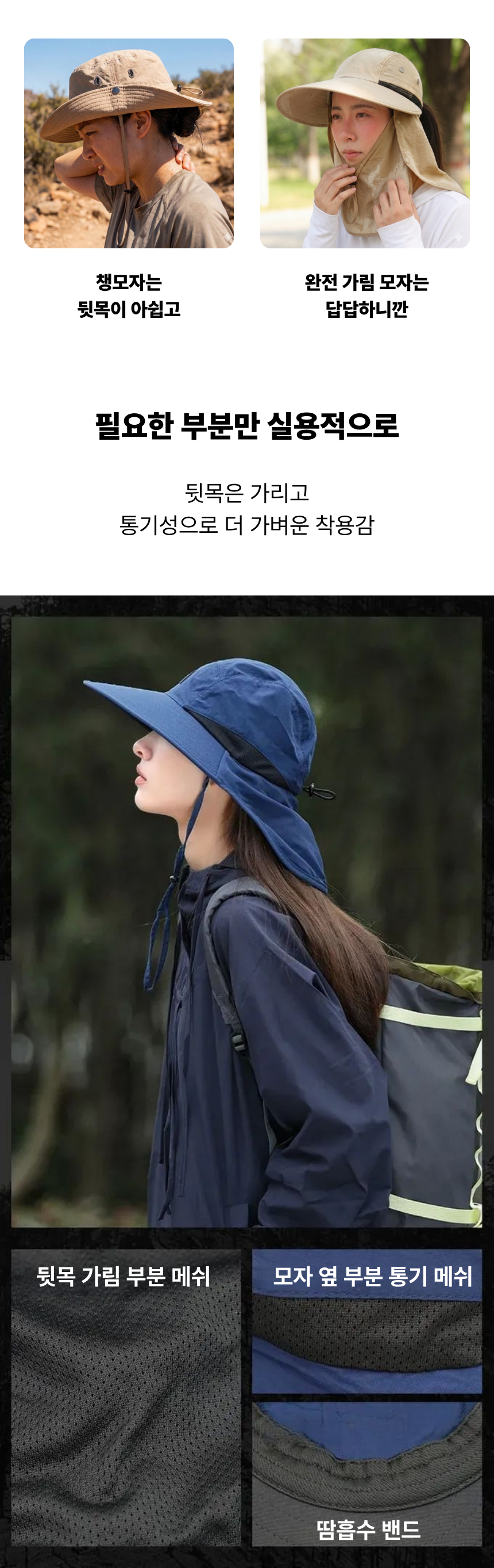 여성 등산 모자 햇빛 가리개 자외선 차단 목가림 버킷햇, 블랙, 52~60cm 상세 이미지 3