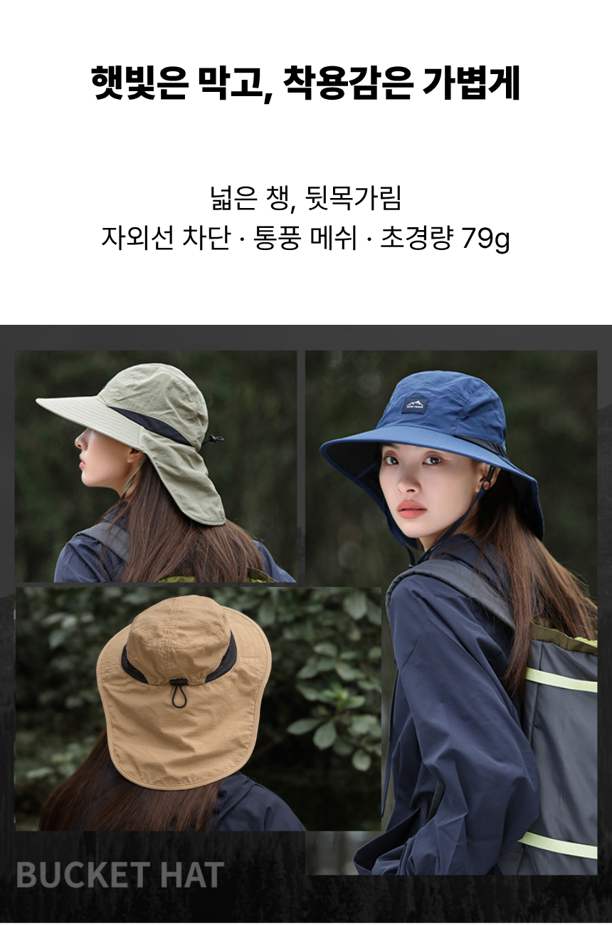 여성 등산 모자 햇빛 가리개 자외선 차단 목가림 버킷햇, 블랙, 52~60cm 상세 이미지 1