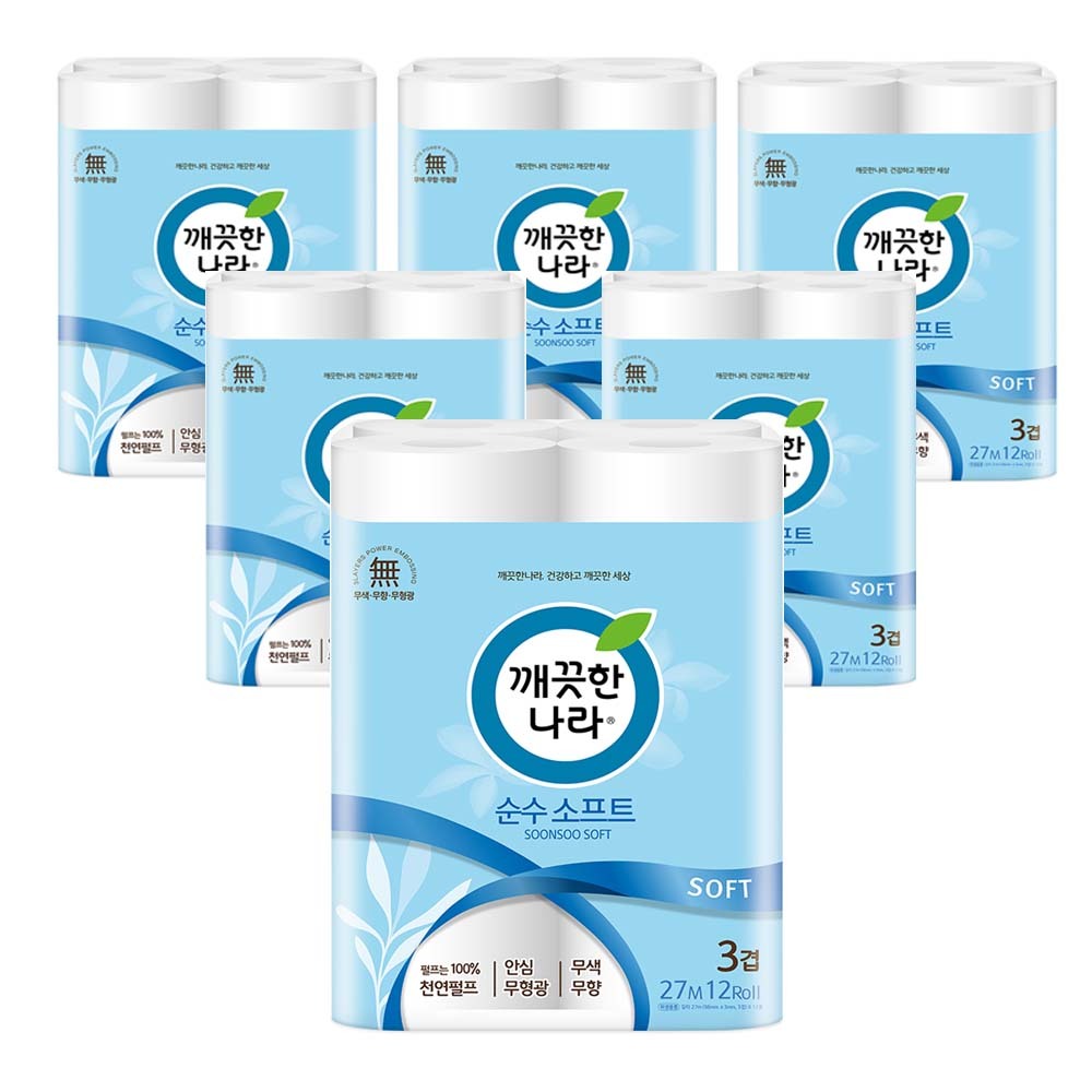 깨끗한나라 순수 소프트, 3겹, 27m, 12롤, 6팩