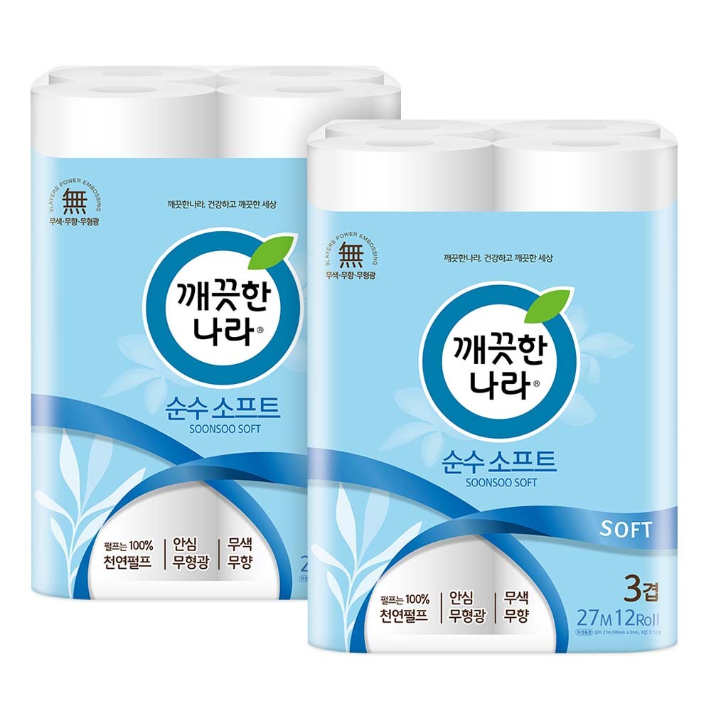 깨끗한나라 순수 소프트, 3겹, 27m, 12롤, 2팩 상세 이미지 2
