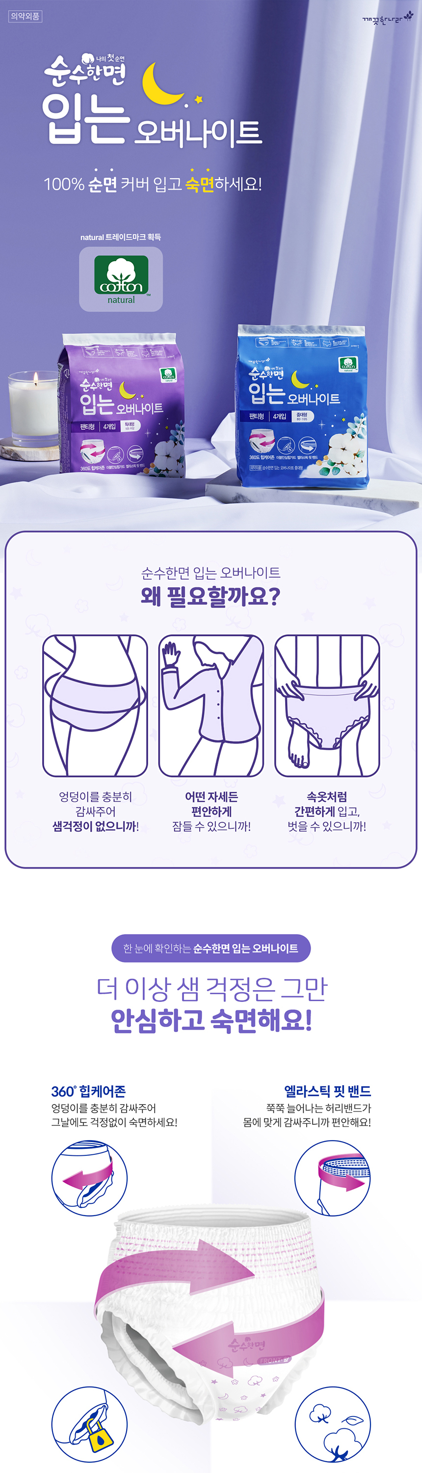 깨끗한나라 순수한면 입는 오버나이트 생리대, 중대형, 4개입, 4팩 상세 이미지 1