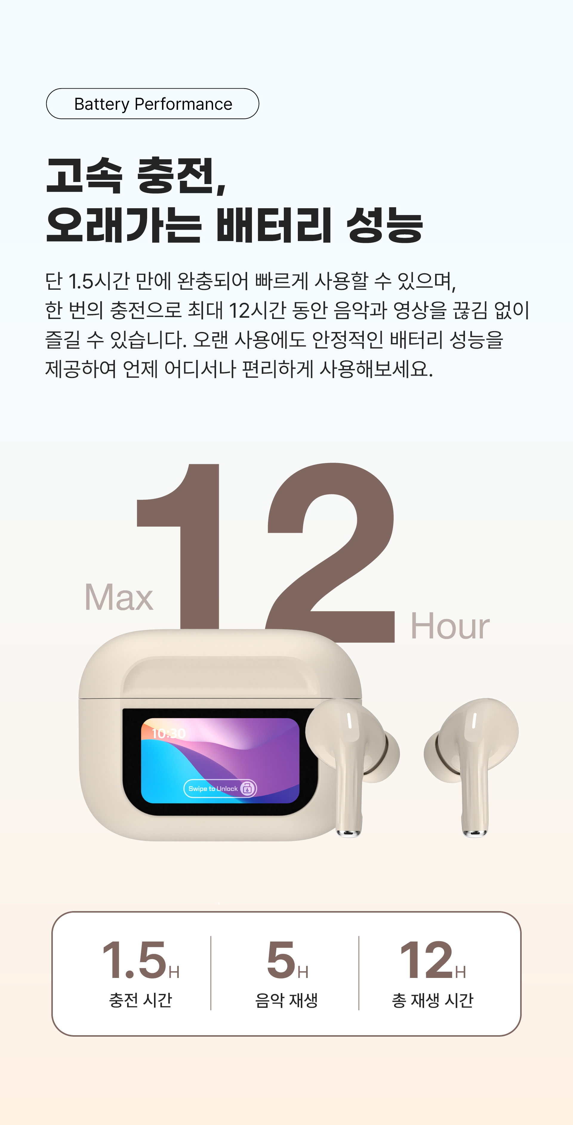 팬톤 ANC 노이즈캔슬링 터치스크린 오토 페어링 아이폰 호환 C타입 충전 무선 블루투스 이어폰 BT350A, 그레이, 1개 상세 이미지 4