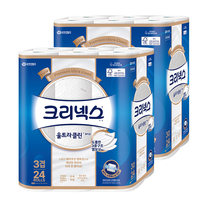 [토스]크리넥스 3겹 울트라클린 화이트 와이드 30m 24롤 2팩 (27,900원/무배)