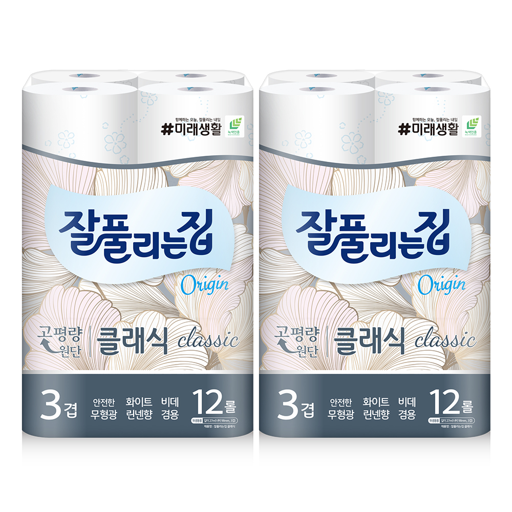 잘풀리는집 무형광 화장지 클래식 3겹 27m 12롤 2팩