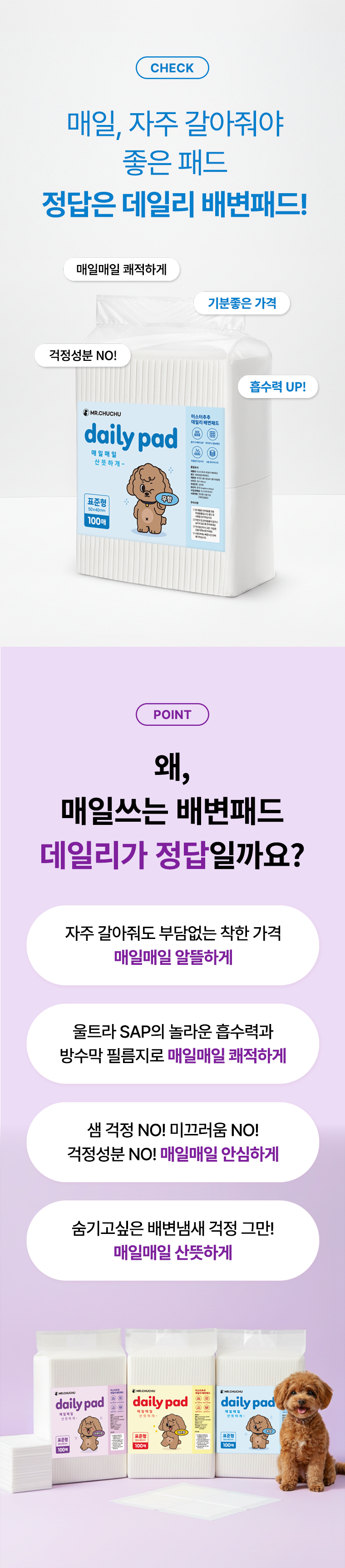 미스터추추 데일리 배변패드, 무향, 절약형, 100매, 3팩 상세 이미지 2