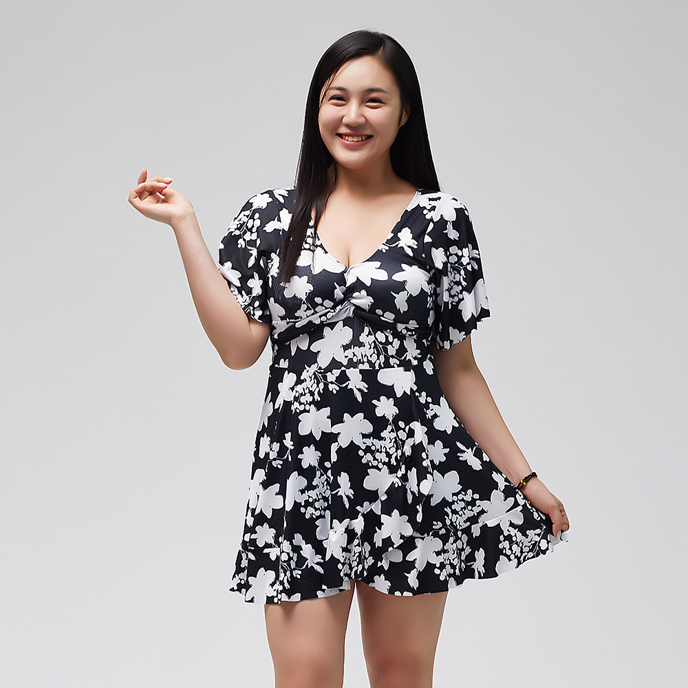 여성 빅사이즈 플라워 원피스 수영복, 썸머블랙, 2XL