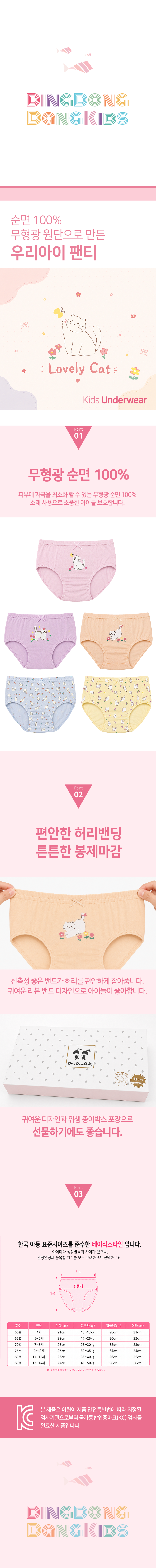 딩동댕키즈 여아동 무형광 순면 삼각 팬티 5종 세트 DK048, [DK048] 러블리캣, 70호 상세 이미지 1