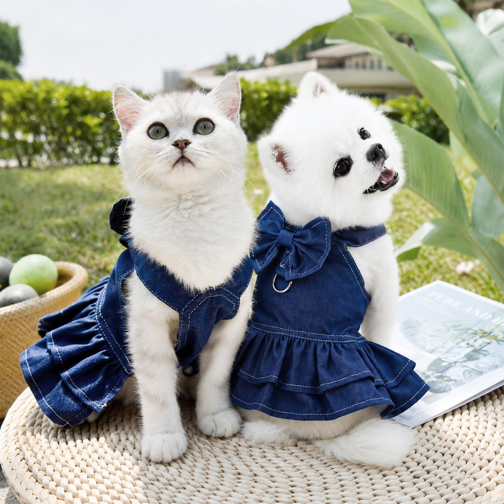 강아지 고양이 청 프릴 스커트 데님 원피스 하네스, 프릴원피스, 청, M, 1개