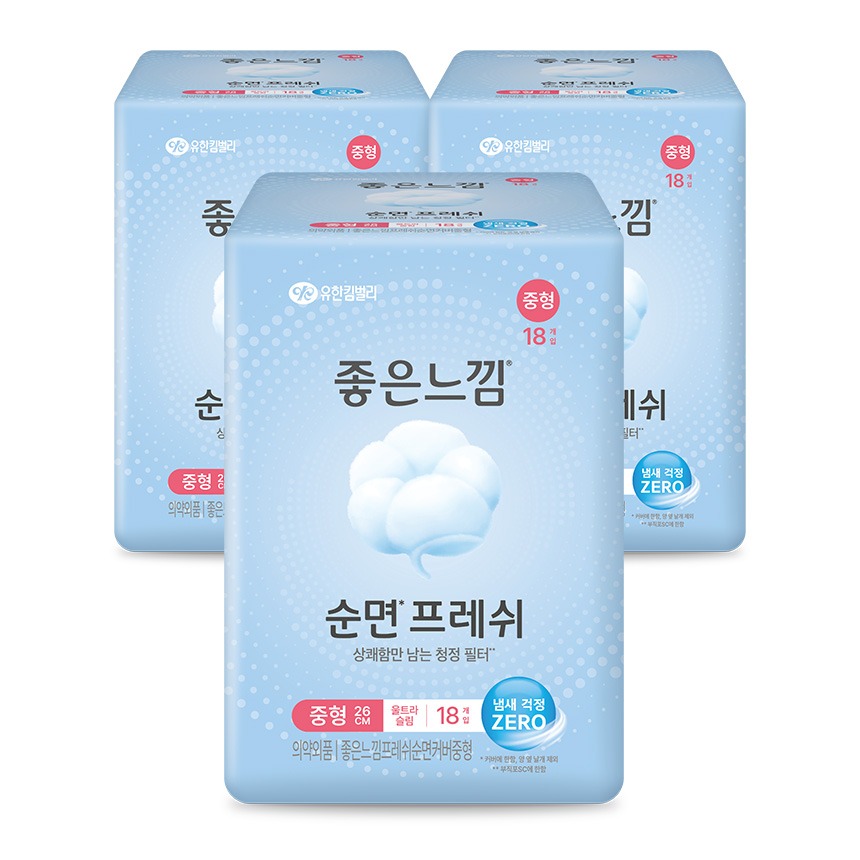 좋은느낌 순면프레쉬 생리대, 중형, 18매, 3팩 토스쇼핑 특가