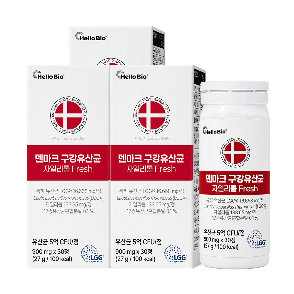 [토스쇼핑] 헬로바이오 덴마크 구강유산균 자일리톨 프레시, 900mg, 30정, 3박스