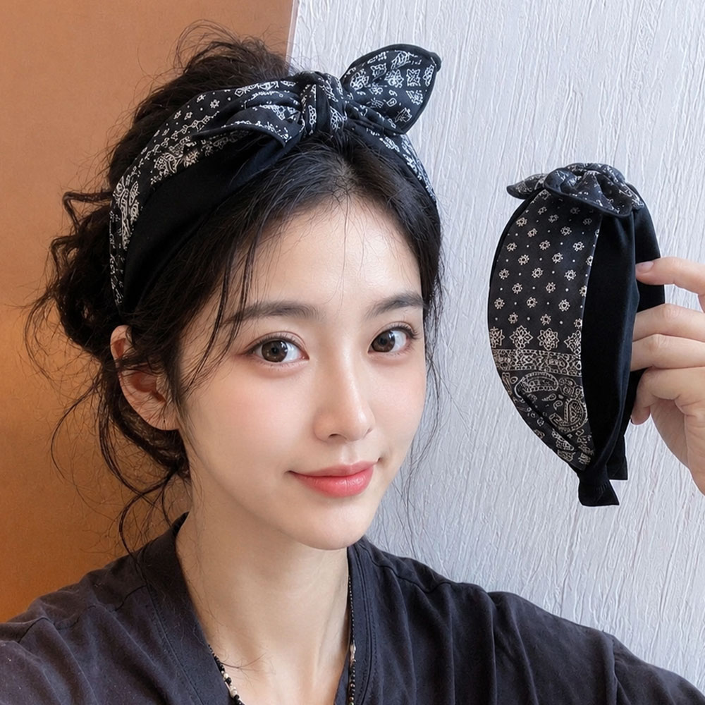 페이즐리 반다나 리본 와이드 헤어밴드, 블랙+브라운, 2개