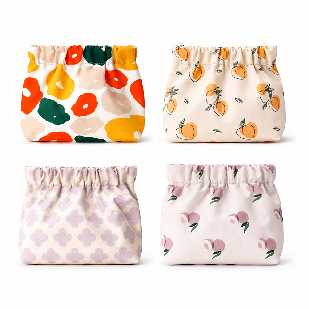 원터치 미니 파우치 4종 세트, 플라워, 퍼플클로버, 살구, 피치, 4개, One Size