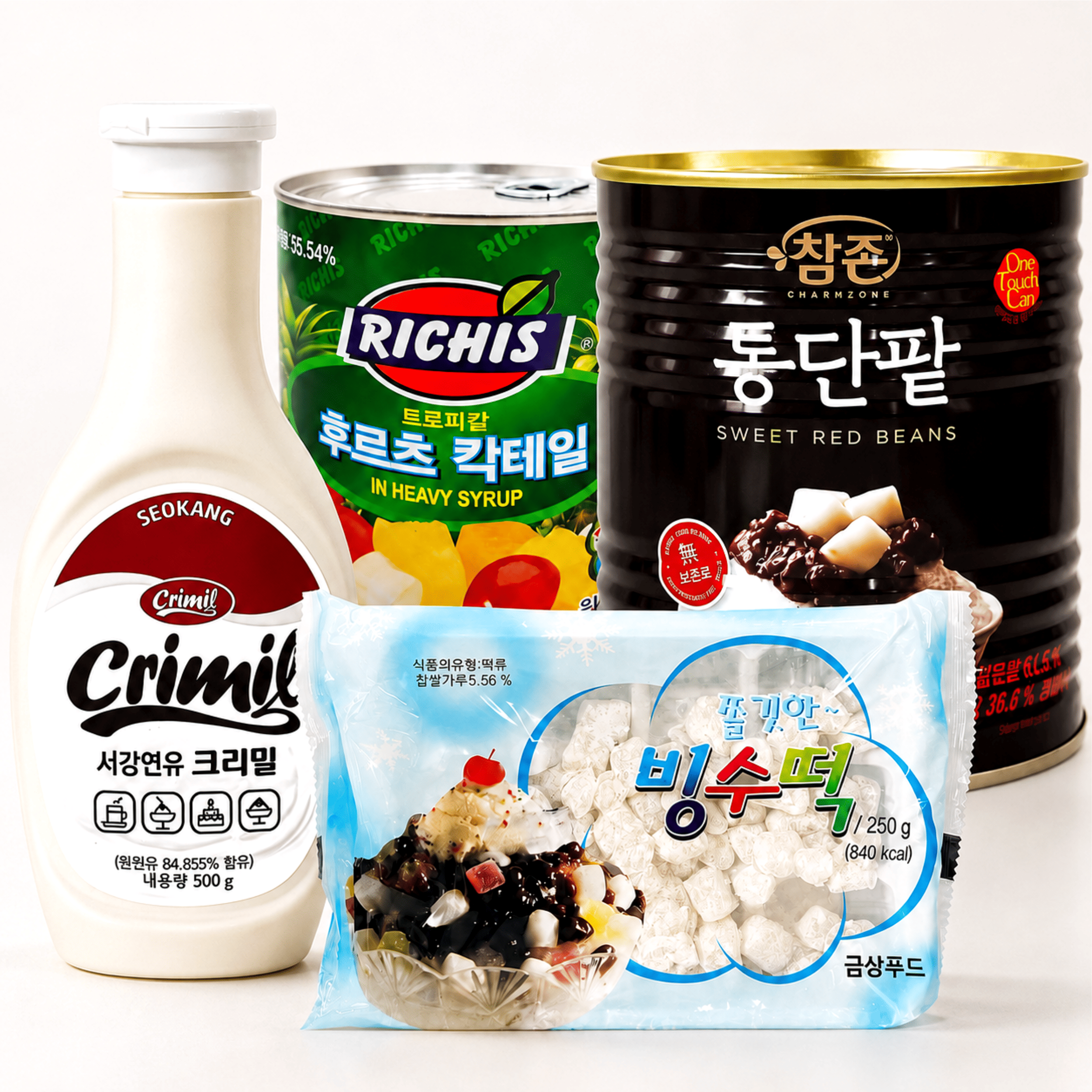 팥빙수재료 패밀리 C 세트, 빙수팥, 후루츠칵테일, 빙수떡, 연유, 2.45kg, 1세트
