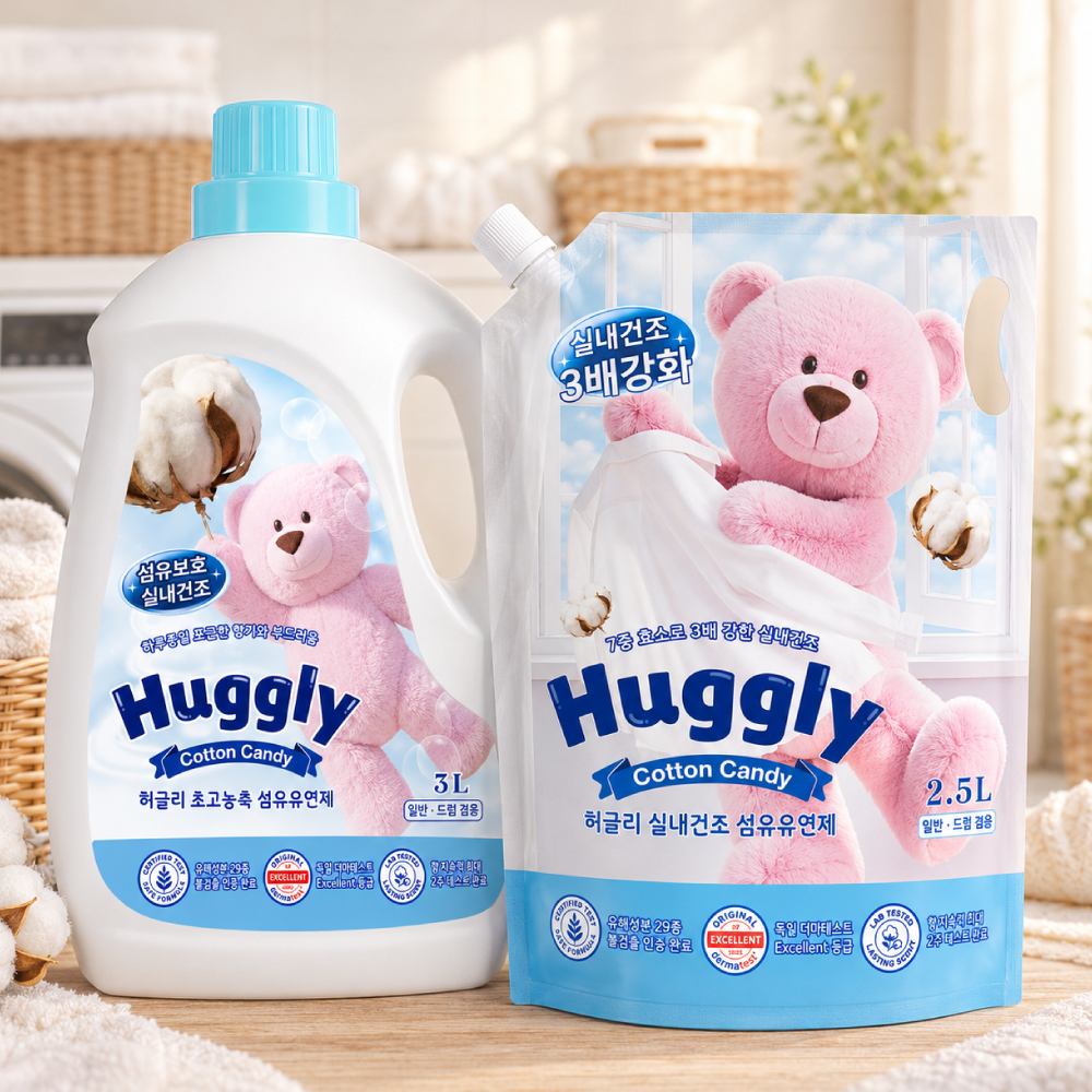 허글리 섬유유연제 코튼캔디, 초고농축 본품, 3L, 1개 + 실내건조 리필, 2.5L, 1개