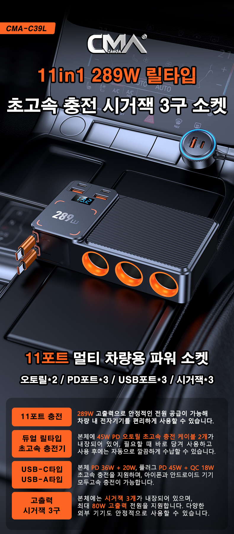 CMA 11포트 289W 시거잭 3구 차량용 멀티 소켓 차량용 충전기, 12V/24V, 1개 상세 이미지 1