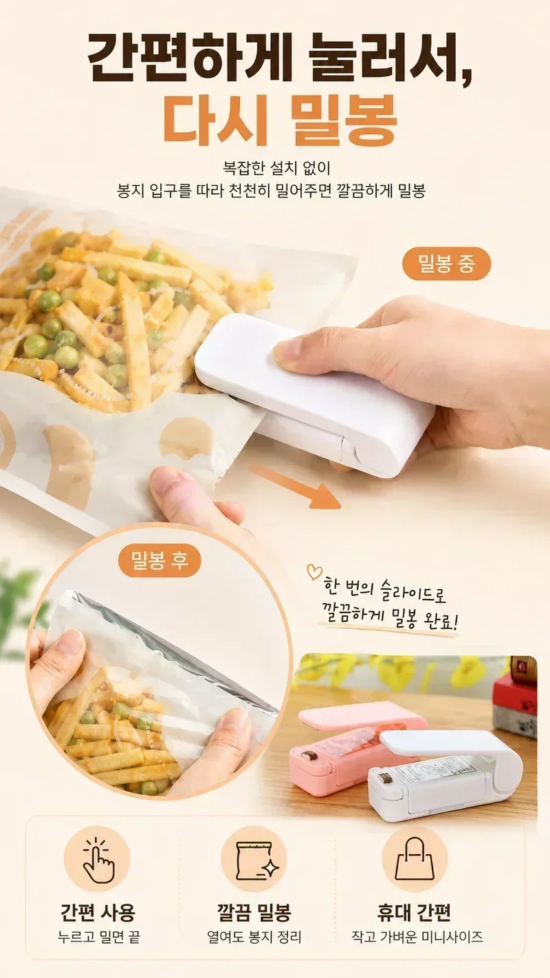 휴대용 미니 비닐 밀봉기, 화이트+핑크, 1세트 상세 이미지 5