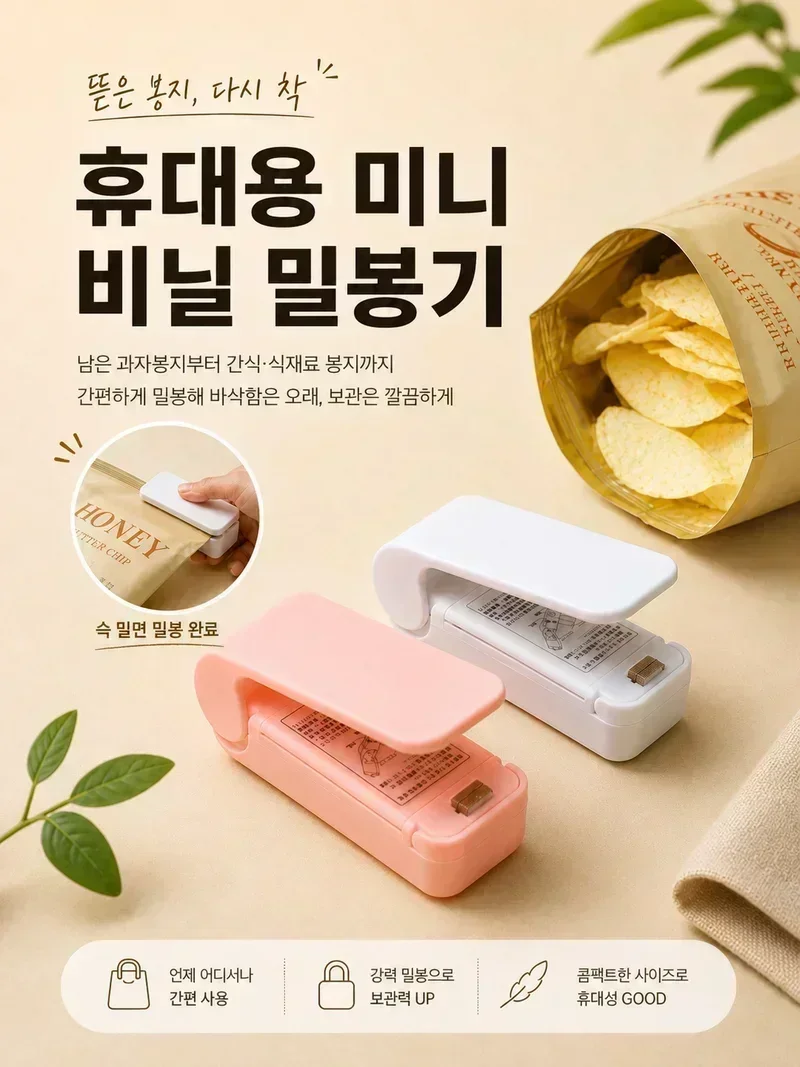 휴대용 미니 비닐 밀봉기, 화이트+핑크, 1세트 상세 이미지 1