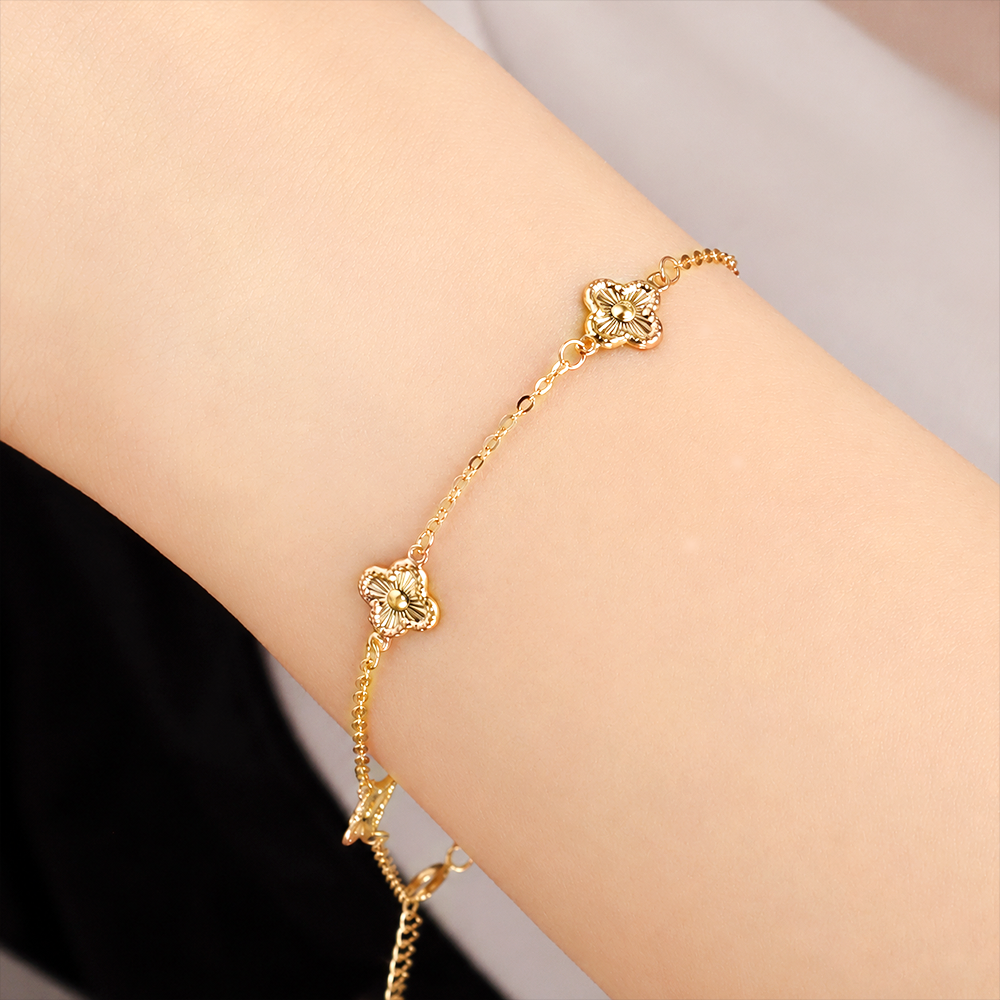 주리에떼 여성 골드 데일리 클로버 클리앙 체인 금 팔찌, 옐로우, 14K, 19cm, 1개 상세 이미지 3