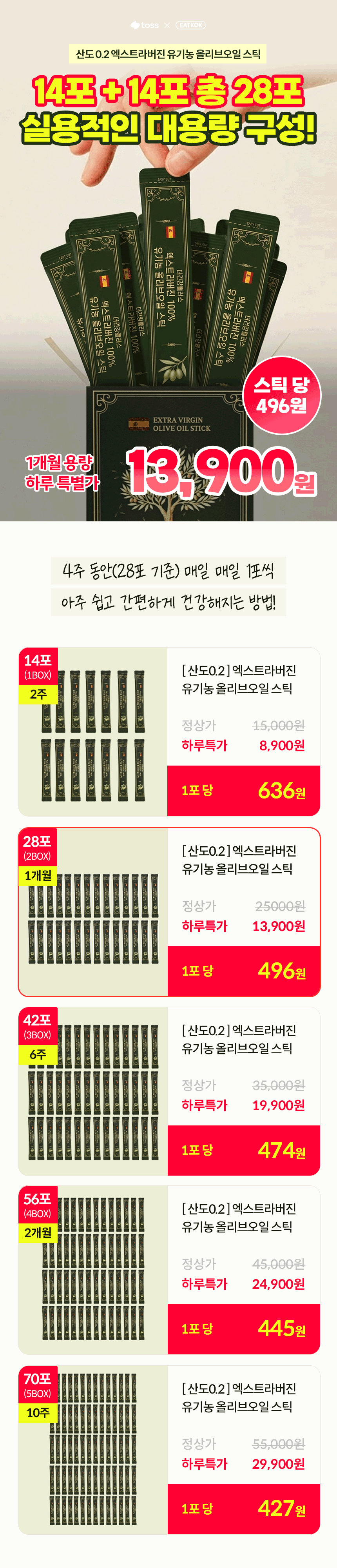 더건강플러스 유기농 엑스트라버진 올리브오일 스틱, 10g, 28스틱, 1개 상세 이미지 1