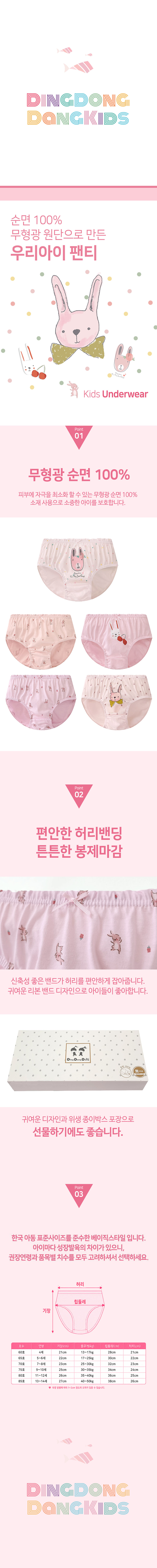 딩동댕키즈 무형광 순면 100 여아동 삼각팬티 DK046 큐티래빗, 85호 상세 이미지 1