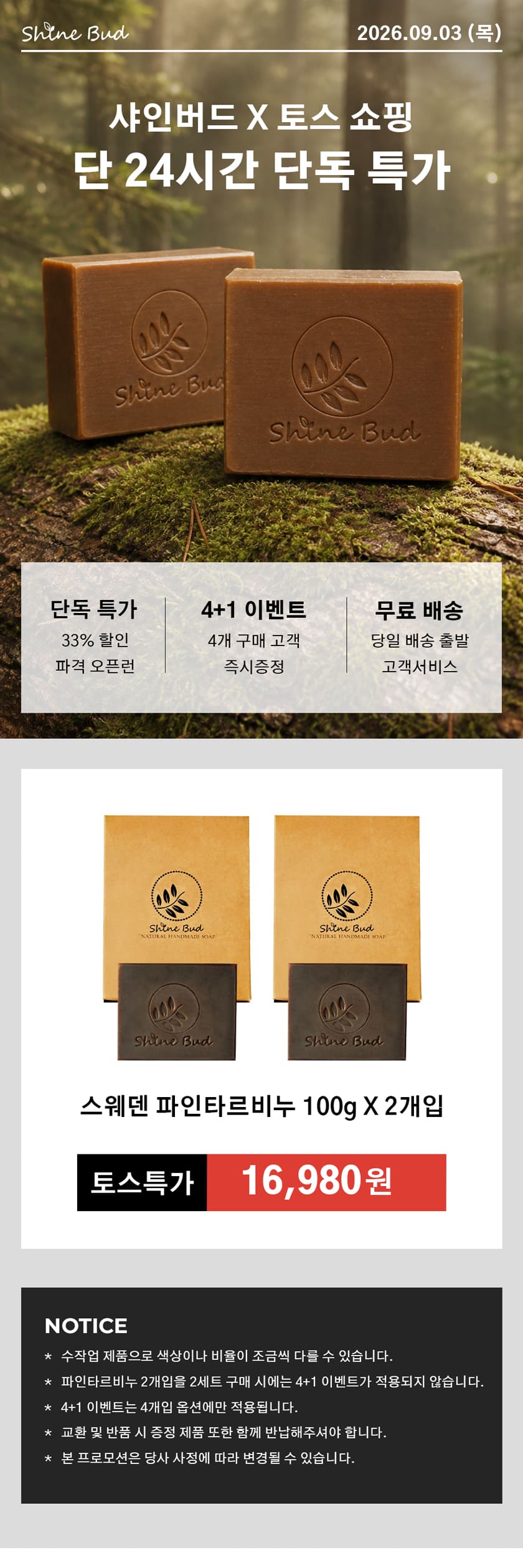 샤인버드 스웨덴 파인타르 비누팩, 100g, 2개입