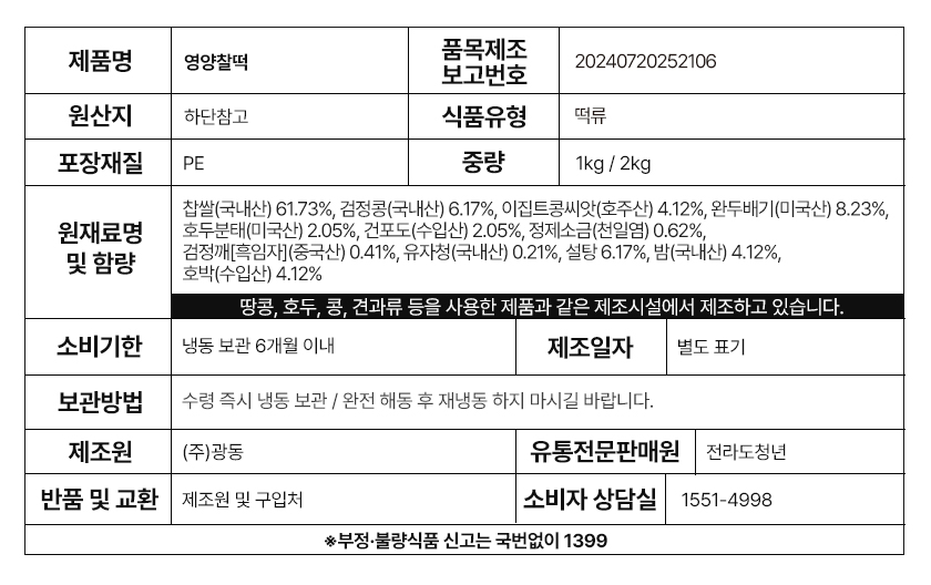 청년떡방 쫀득 영양찰떡, 2kg, 1개 상세정보 25