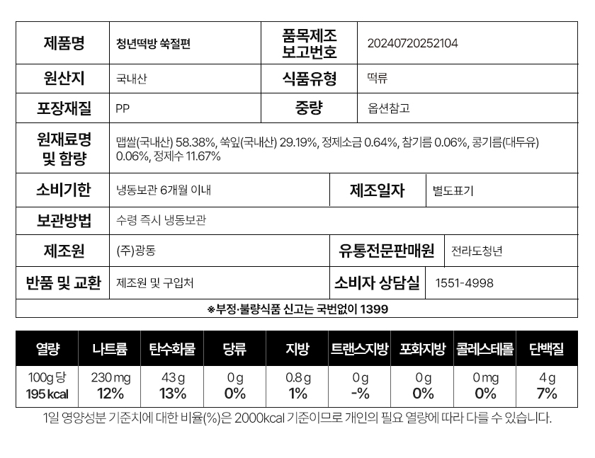 청년떡방 쑥절편, 1.2kg, 1개 상세정보 20