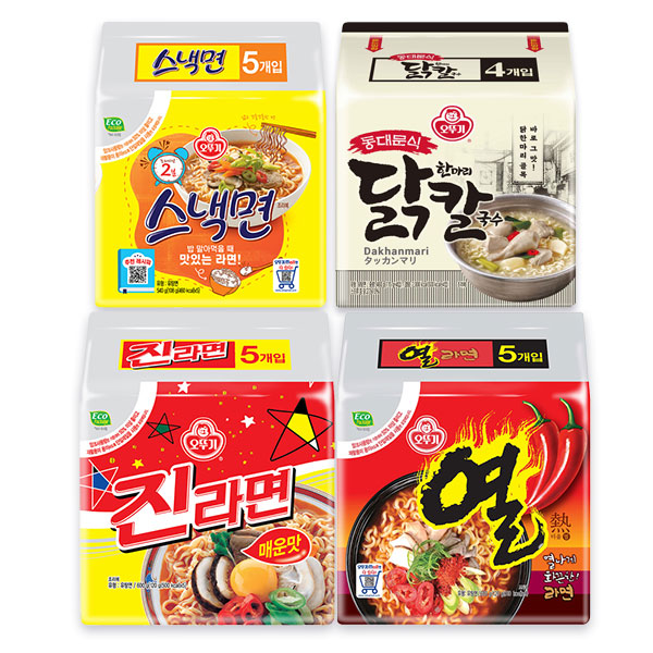 오뚜기 라면 4종 세트, 진라면 매운맛 5개 + 열라면 5개 + 스낵면 5개 + 동대문식닭한마리칼국수 4개, 1세트 토스쇼핑 특가