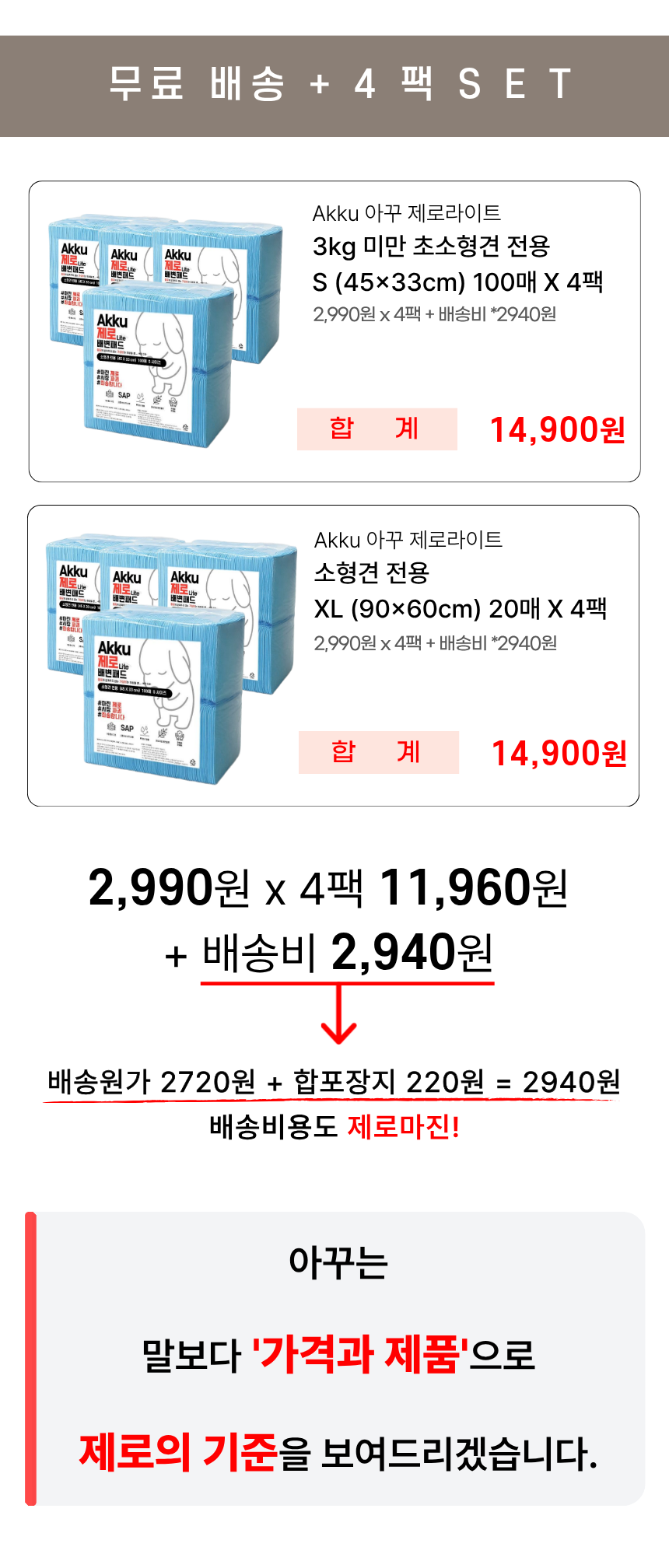아꾸 제로라이트 배변패드, S, 33x45cm, 400매, 4팩