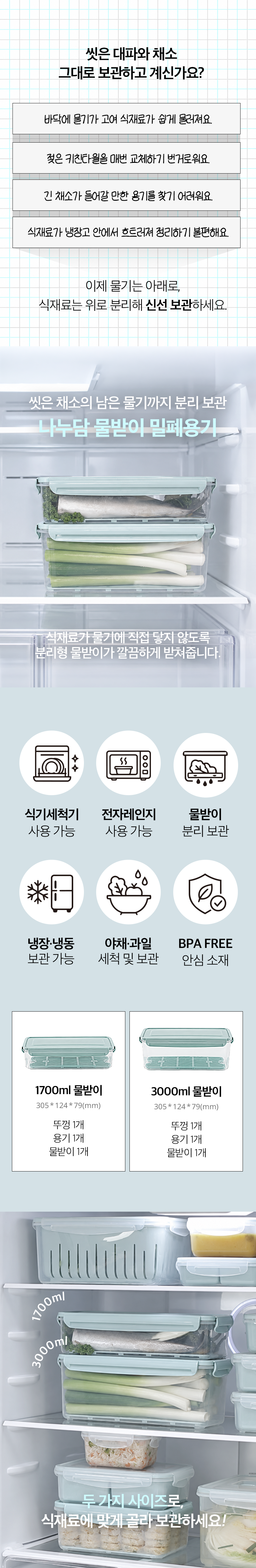 나누담 물받이 파통 밀폐용기, 3000ml, 2개, 1개 상세정보 2