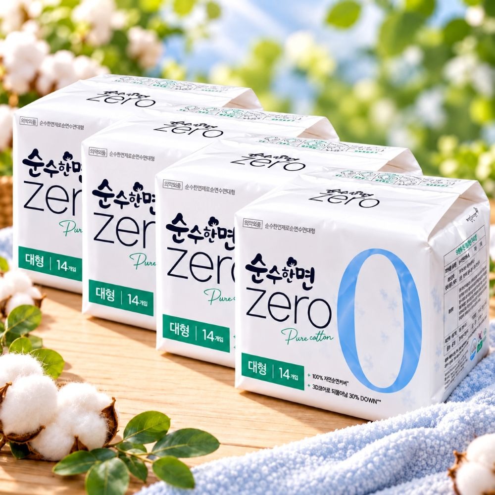 순수한면 제로 순면 뉴 대형 날개형 생리대, 대형, 14개입, 4개