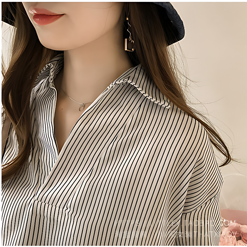 쉬블림로브 여성 스트라이프 반오픈 카라 데일리 블라우스 GW0607, 원컬러, FREE 상품 이미지 6