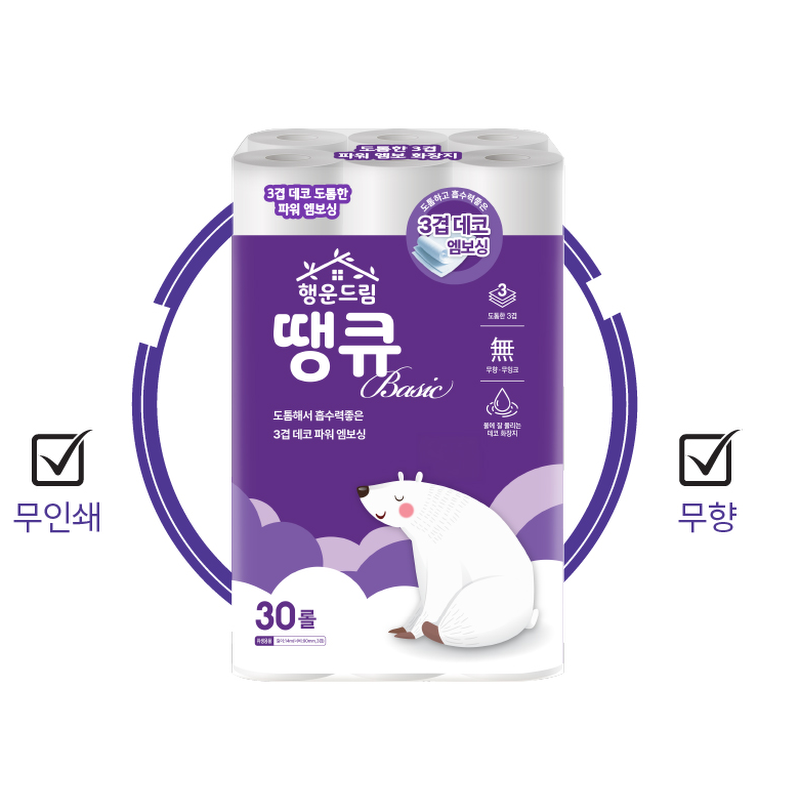 행운드림 땡큐 베이직 화장지, 3겹, 30롤, 14m, 1팩 상품 이미지 2